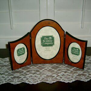 Vintage Folding Wood Triple Picture Frame, Oval Glass, Bombay Co.
